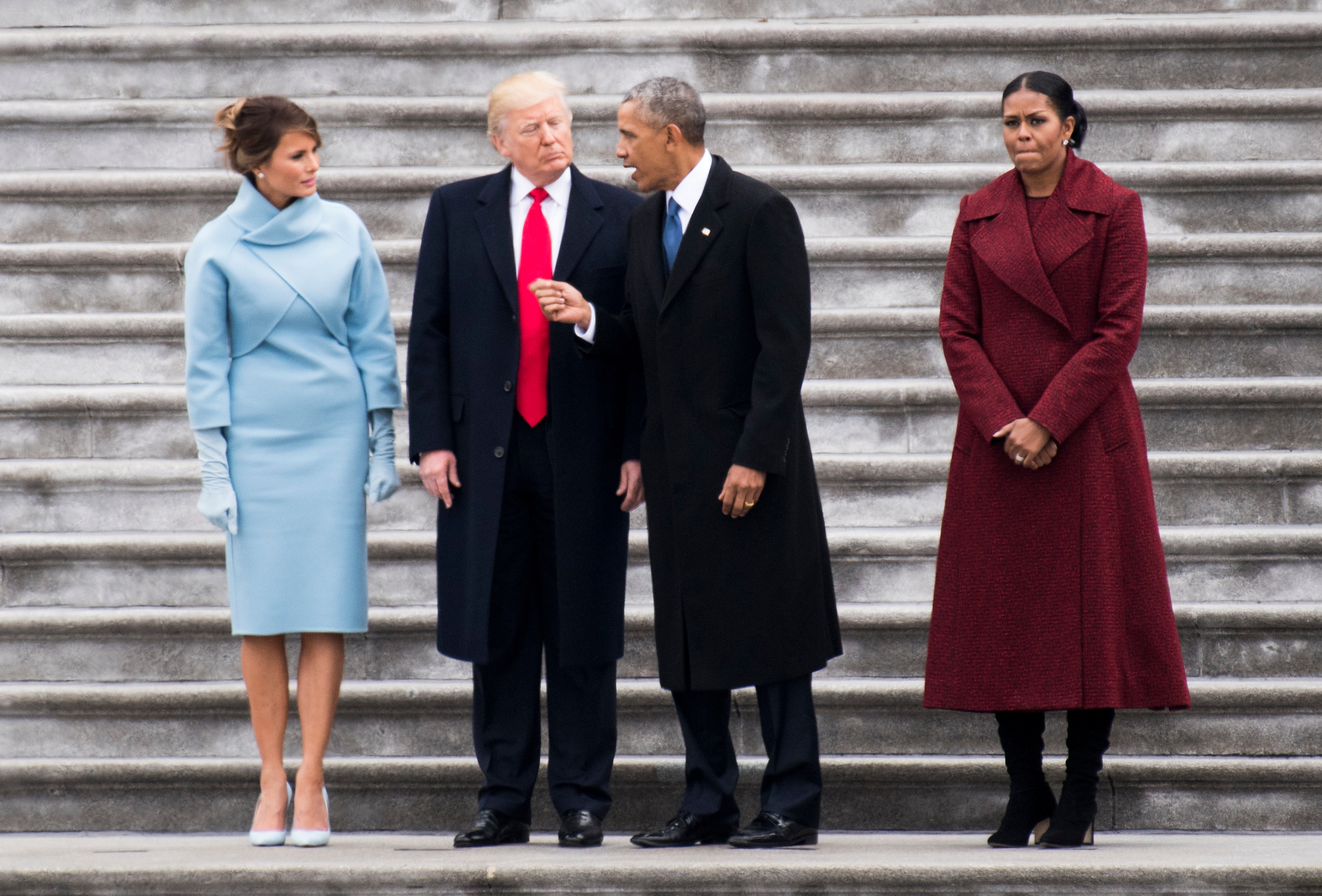 From left, First Lady Melania Trump, President Donald Trump, former President Barack Obama, and former First Lady Michelle Obama talk on the steps of the U.S. Capitol as the Obamas prepare to leave Washington following the swearing in of Donald Trump as the 45th President of the United States on Friday, Jan. 20, 2017.(Photo By Bill Clark/CQ Roll Call)